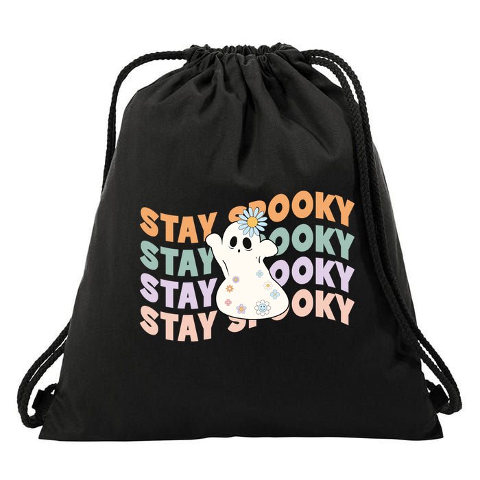 Groovy Stay Spooky Vibes Retro Floral Ghost Hippie Halloween Drawstring Bag