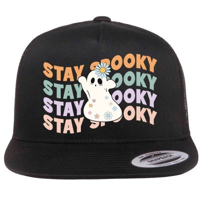 Groovy Stay Spooky Vibes Retro Floral Ghost Hippie Halloween Flatbill Hat
