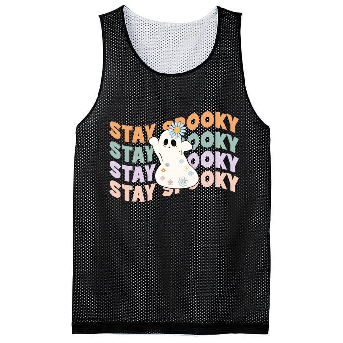 Groovy Stay Spooky Vibes Retro Floral Ghost Hippie Halloween Mesh Reversible Basketball Jersey Tank