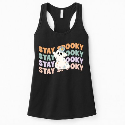 Groovy Stay Spooky Vibes Retro Floral Ghost Hippie Halloween Womens Tank Top