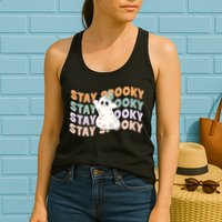 Groovy Stay Spooky Vibes Retro Floral Ghost Hippie Halloween Womens Tank Top