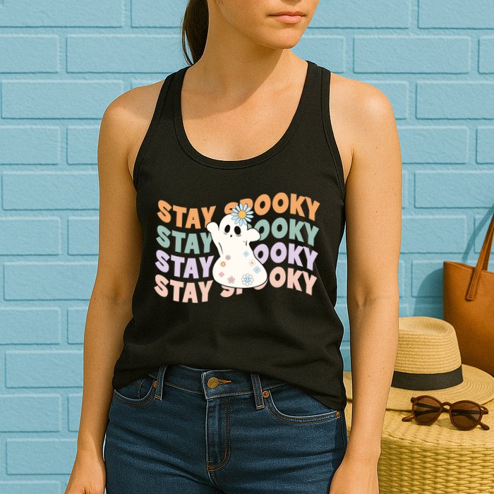 Groovy Stay Spooky Vibes Retro Floral Ghost Hippie Halloween Womens Tank Top