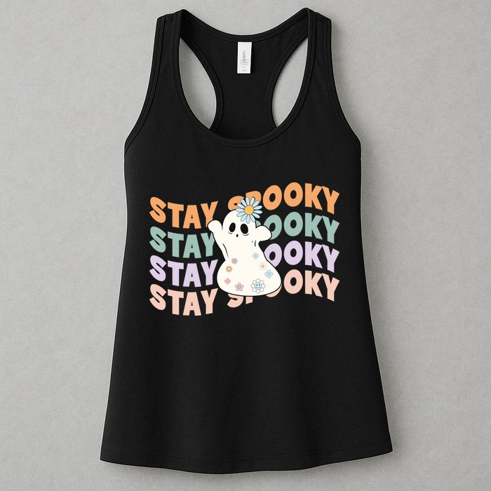 Groovy Stay Spooky Vibes Retro Floral Ghost Hippie Halloween Womens Tank Top