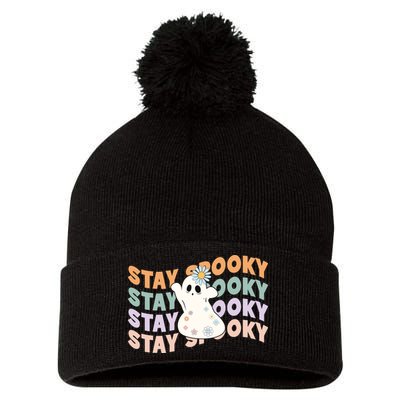 Groovy Stay Spooky Vibes Retro Floral Ghost Hippie Halloween Pom Pom 12in Knit Beanie