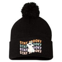Groovy Stay Spooky Vibes Retro Floral Ghost Hippie Halloween Pom Pom 12in Knit Beanie