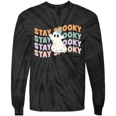 Groovy Stay Spooky Vibes Retro Floral Ghost Hippie Halloween Tie-Dye Long Sleeve Shirt