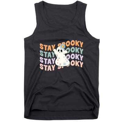 Groovy Stay Spooky Vibes Retro Floral Ghost Hippie Halloween Tank Top