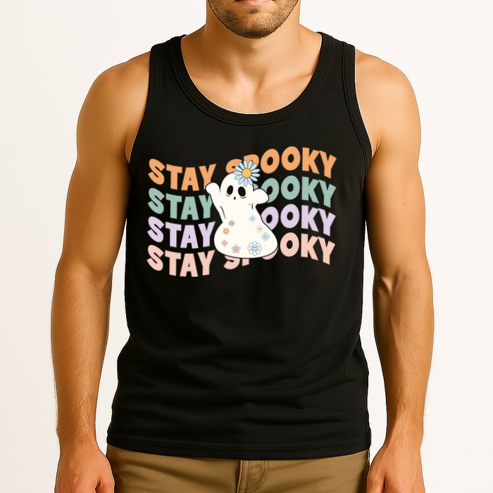 Groovy Stay Spooky Vibes Retro Floral Ghost Hippie Halloween Tank Top