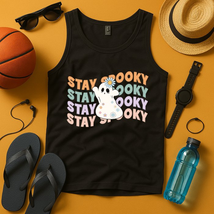 Groovy Stay Spooky Vibes Retro Floral Ghost Hippie Halloween Tank Top