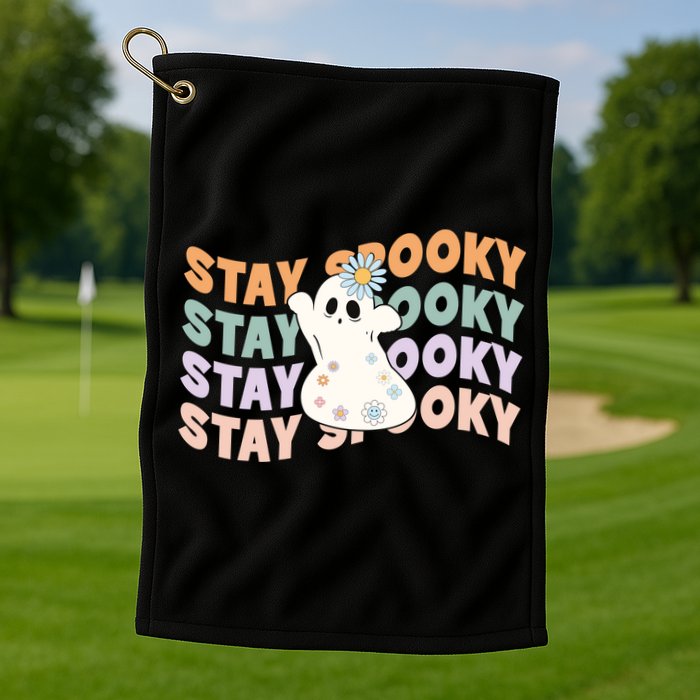 Groovy Stay Spooky Vibes Retro Floral Ghost Hippie Halloween Golf Towel