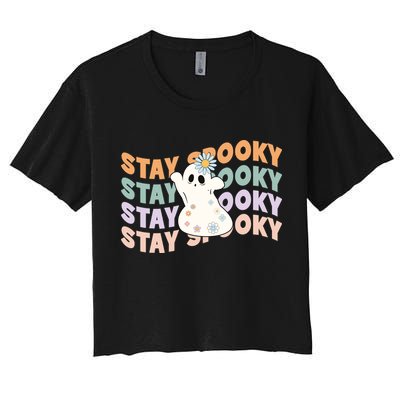 Groovy Stay Spooky Vibes Retro Floral Ghost Hippie Halloween Crop Top