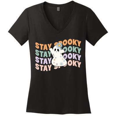 Groovy Stay Spooky Vibes Retro Floral Ghost Hippie Halloween Women's V-Neck T-Shirt