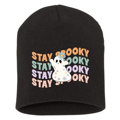 Groovy Stay Spooky Vibes Retro Floral Ghost Hippie Halloween Short Acrylic Beanie