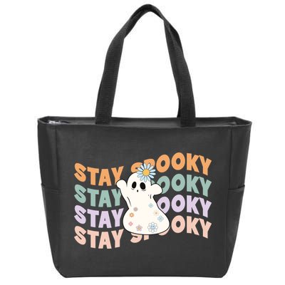 Groovy Stay Spooky Vibes Retro Floral Ghost Hippie Halloween Zip Tote Bag
