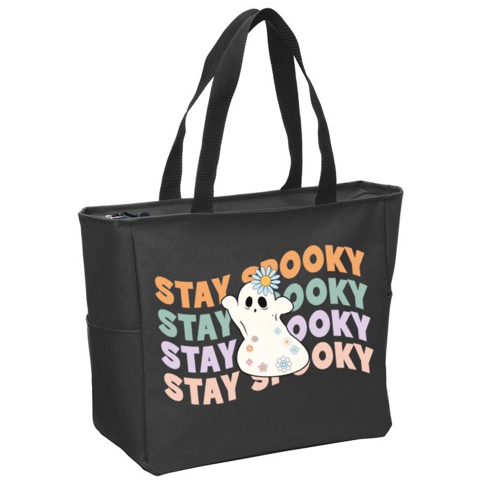 Groovy Stay Spooky Vibes Retro Floral Ghost Hippie Halloween Zip Tote Bag