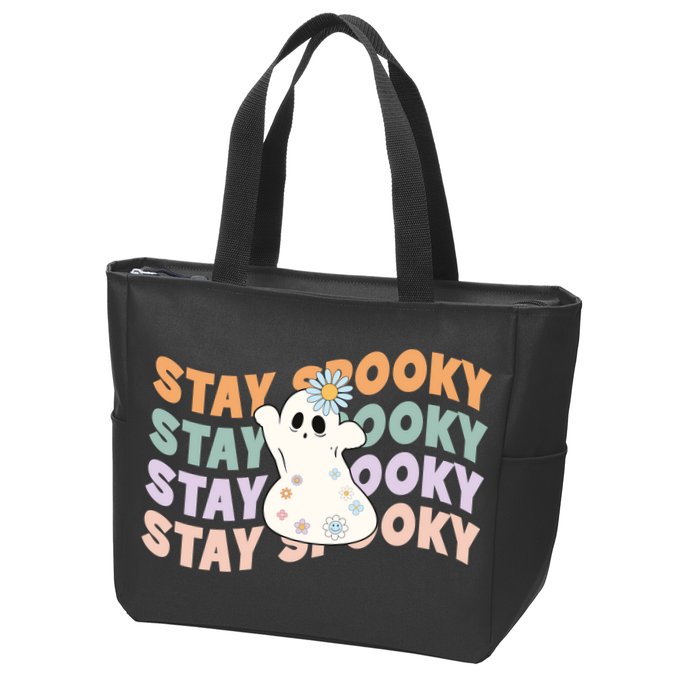 Groovy Stay Spooky Vibes Retro Floral Ghost Hippie Halloween Zip Tote Bag