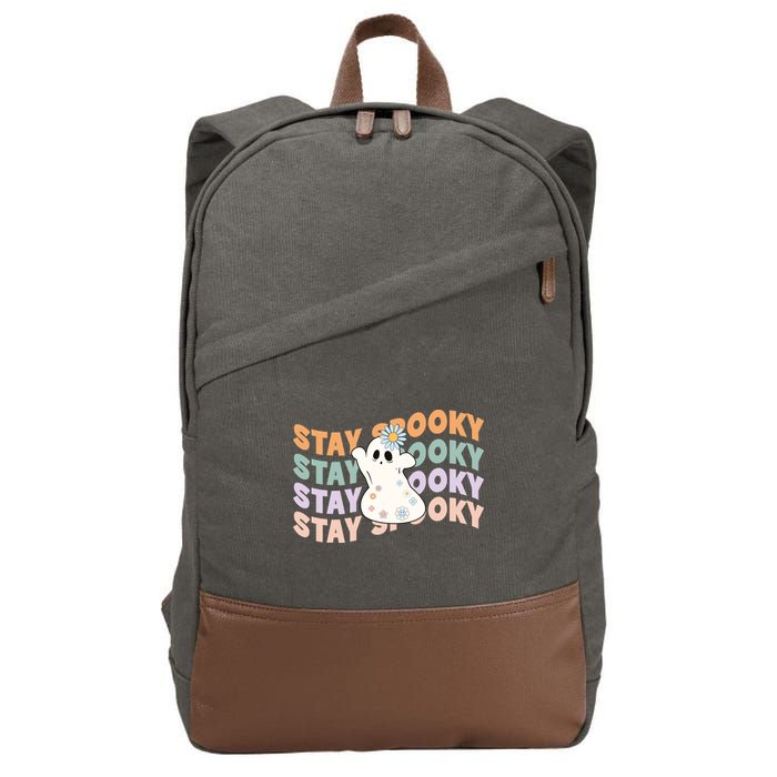 Groovy Stay Spooky Vibes Retro Floral Ghost Hippie Halloween Cotton Canvas Backpack