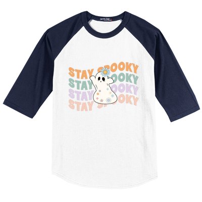 Groovy Stay Spooky Vibes Retro Floral Ghost Hippie Halloween Baseball Sleeve Shirt