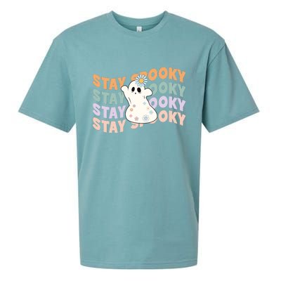 Groovy Stay Spooky Vibes Retro Floral Ghost Hippie Halloween Sueded Cloud Jersey T-Shirt