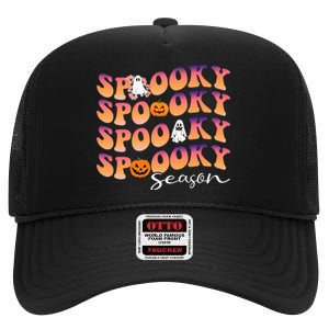 Groovy Spooky Season Cute Pumpkin Halloween High Crown Mesh Back Trucker Hat