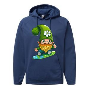 Gnome Surfing Skating St Patricks Day Funny Gift Performance Fleece Hoodie