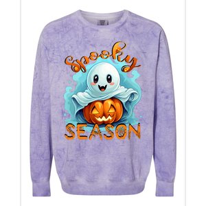 Groovy Spooky Season Cute Ghost Holding Pumpkin Halloween Colorblast Crewneck Sweatshirt