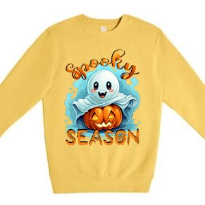 Groovy Spooky Season Cute Ghost Holding Pumpkin Halloween Premium Crewneck Sweatshirt