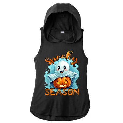 Groovy Spooky Season Cute Ghost Holding Pumpkin Halloween Ladies PosiCharge Tri-Blend Wicking Draft Hoodie Tank