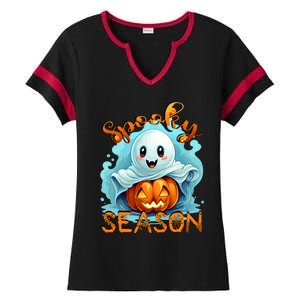 Groovy Spooky Season Cute Ghost Holding Pumpkin Halloween Ladies Halftime Notch Neck Tee