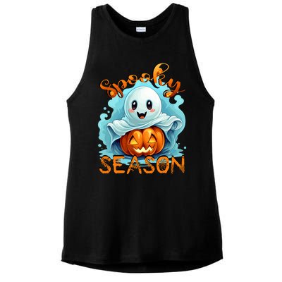 Groovy Spooky Season Cute Ghost Holding Pumpkin Halloween Ladies PosiCharge Tri-Blend Wicking Tank