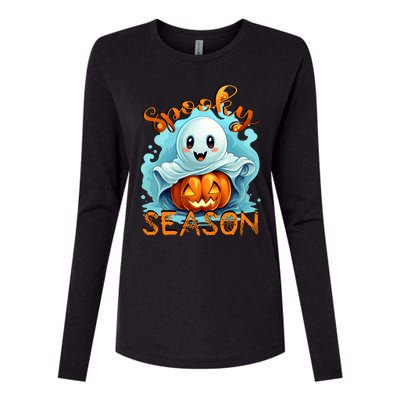 Groovy Spooky Season Cute Ghost Holding Pumpkin Halloween Womens Cotton Relaxed Long Sleeve T-Shirt