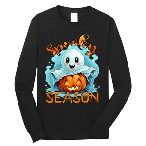 Groovy Spooky Season Cute Ghost Holding Pumpkin Halloween Long Sleeve Shirt