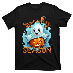 Groovy Spooky Season Cute Ghost Holding Pumpkin Halloween T-Shirt