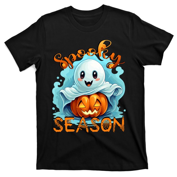 Groovy Spooky Season Cute Ghost Holding Pumpkin Halloween T-Shirt