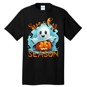 Groovy Spooky Season Cute Ghost Holding Pumpkin Halloween Tall T-Shirt