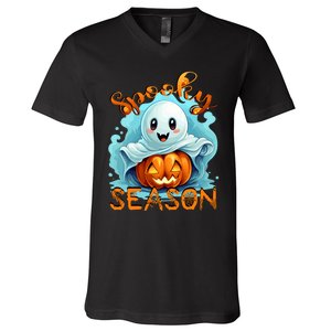 Groovy Spooky Season Cute Ghost Holding Pumpkin Halloween V-Neck T-Shirt