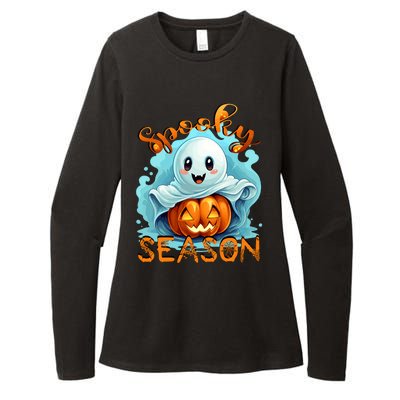 Groovy Spooky Season Cute Ghost Holding Pumpkin Halloween Womens CVC Long Sleeve Shirt