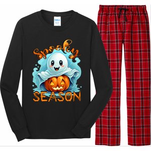 Groovy Spooky Season Cute Ghost Holding Pumpkin Halloween Long Sleeve Pajama Set