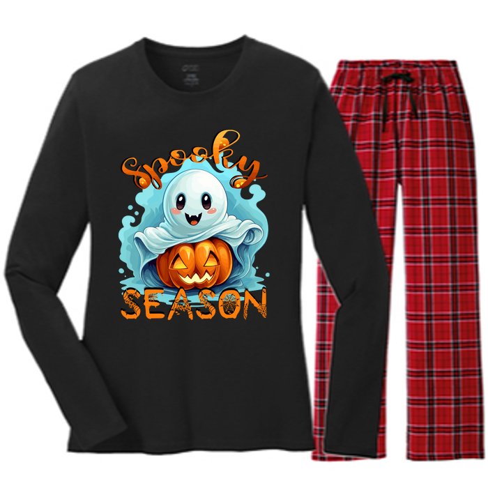 Groovy Spooky Season Cute Ghost Holding Pumpkin Halloween Women's Long Sleeve Flannel Pajama Set 