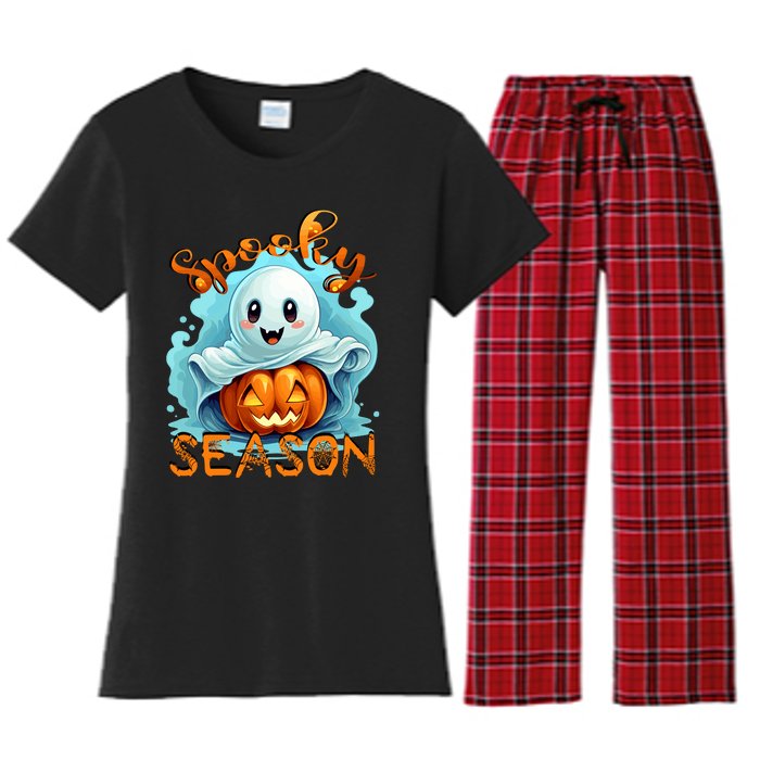 Groovy Spooky Season Cute Ghost Holding Pumpkin Halloween Women's Flannel Pajama Set