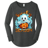 Groovy Spooky Season Cute Ghost Holding Pumpkin Halloween Women's Perfect Tri Tunic Long Sleeve Shirt