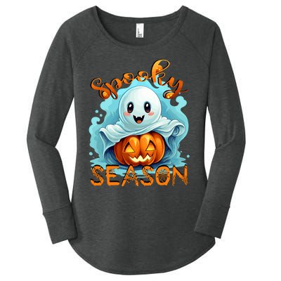 Groovy Spooky Season Cute Ghost Holding Pumpkin Halloween Women's Perfect Tri Tunic Long Sleeve Shirt