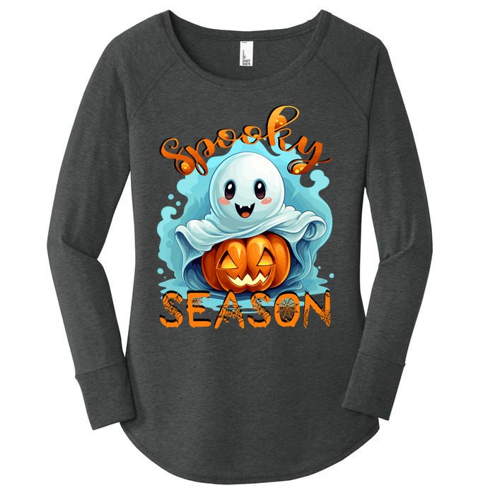 Groovy Spooky Season Cute Ghost Holding Pumpkin Halloween Women's Perfect Tri Tunic Long Sleeve Shirt