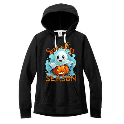 Groovy Spooky Season Cute Ghost Holding Pumpkin Halloween Women's Fleece Hoodie