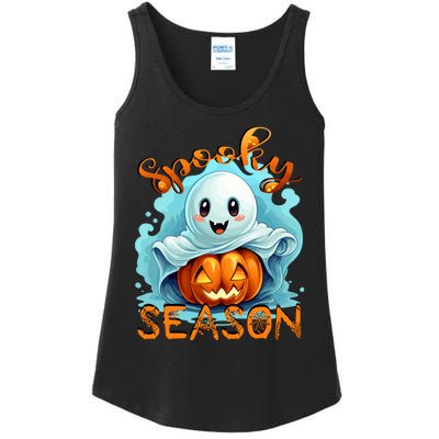 Groovy Spooky Season Cute Ghost Holding Pumpkin Halloween Ladies Essential Tank