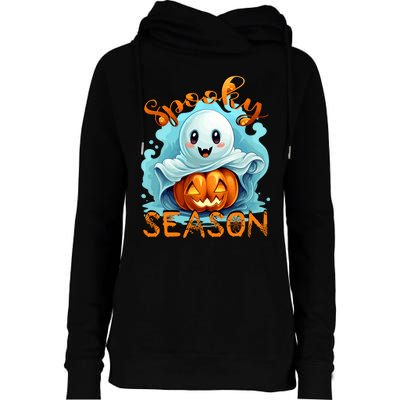 Groovy Spooky Season Cute Ghost Holding Pumpkin Halloween Womens Funnel Neck Pullover Hood