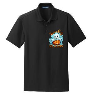 Groovy Spooky Season Cute Ghost Holding Pumpkin Halloween Dry Zone Grid Polo