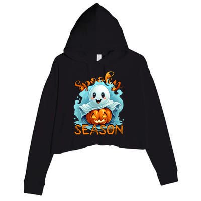 Groovy Spooky Season Cute Ghost Holding Pumpkin Halloween Crop Fleece Hoodie