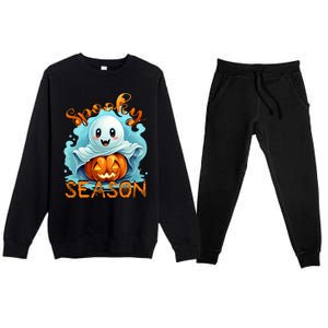 Groovy Spooky Season Cute Ghost Holding Pumpkin Halloween Premium Crewneck Sweatsuit Set