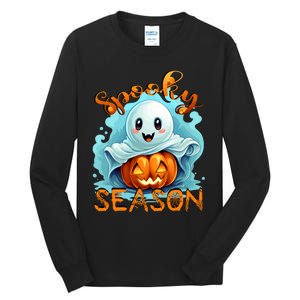 Groovy Spooky Season Cute Ghost Holding Pumpkin Halloween Tall Long Sleeve T-Shirt